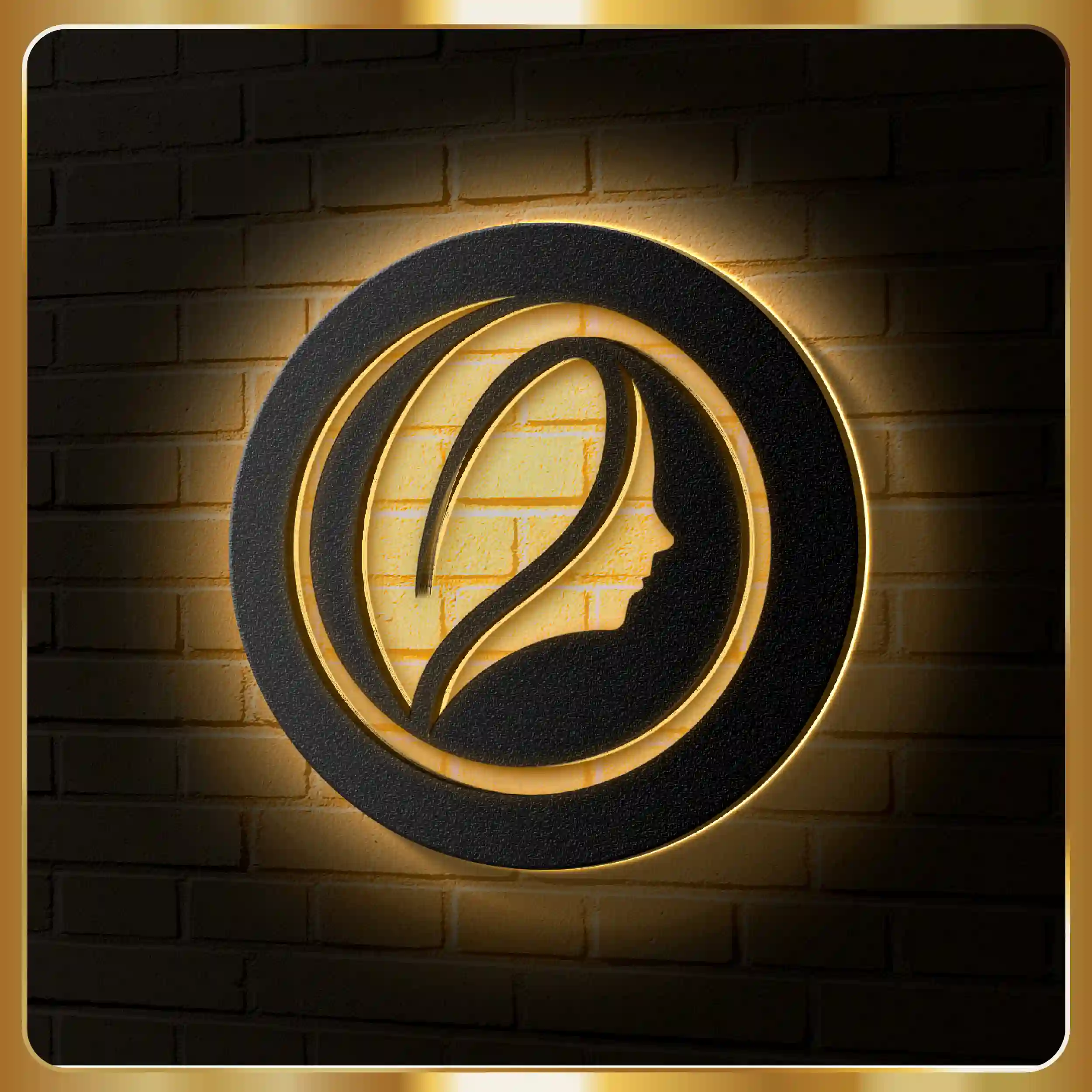 led sign with gold lettering on a black background.